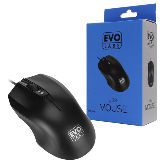 Evo Labs MO-128 Wired USB Plug and Play Mouse - Matte Black